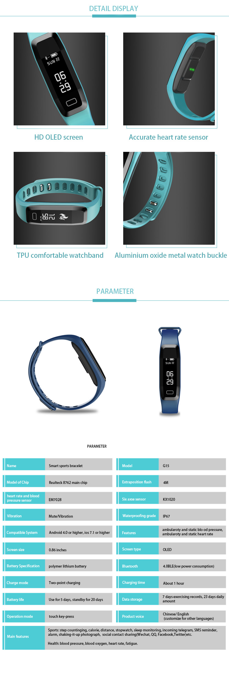 G15 Bluetooth 4.0 Smart Bracelet Heart Rate Monitor Blood Pressure Wristband Pedometer Activities Fitness Tracker