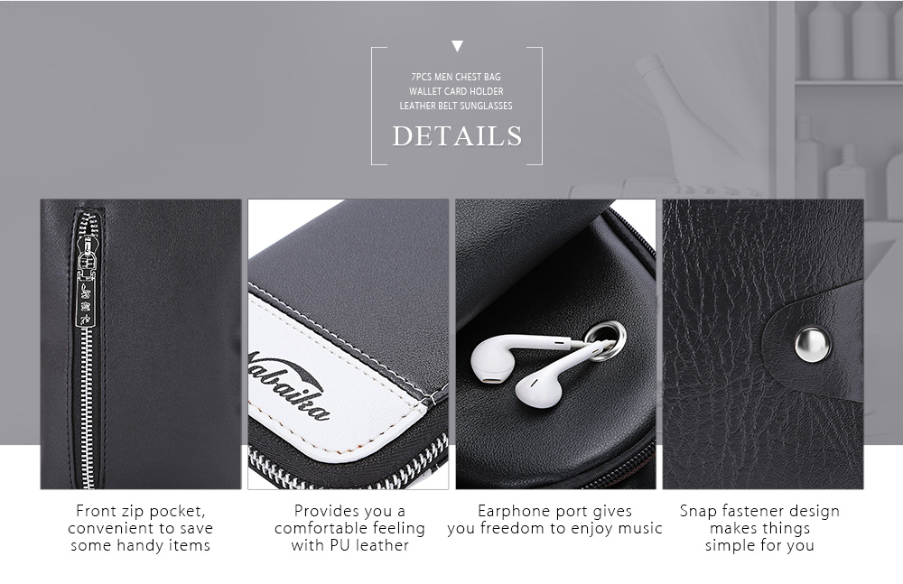 7pcs Men Chest Bag Wallet Card Holder Leather Belt Sunglasses 7pcs Men Chest Bag Wallet Card Holder Leather Belt Sunglasses