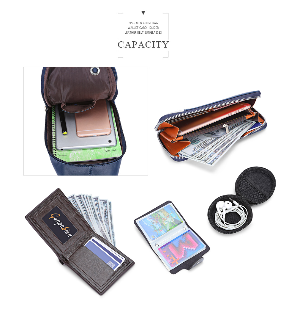 7pcs Men Chest Bag Wallet Card Holder Leather Belt Sunglasses 7pcs Men Chest Bag Wallet Card Holder Leather Belt Sunglasses