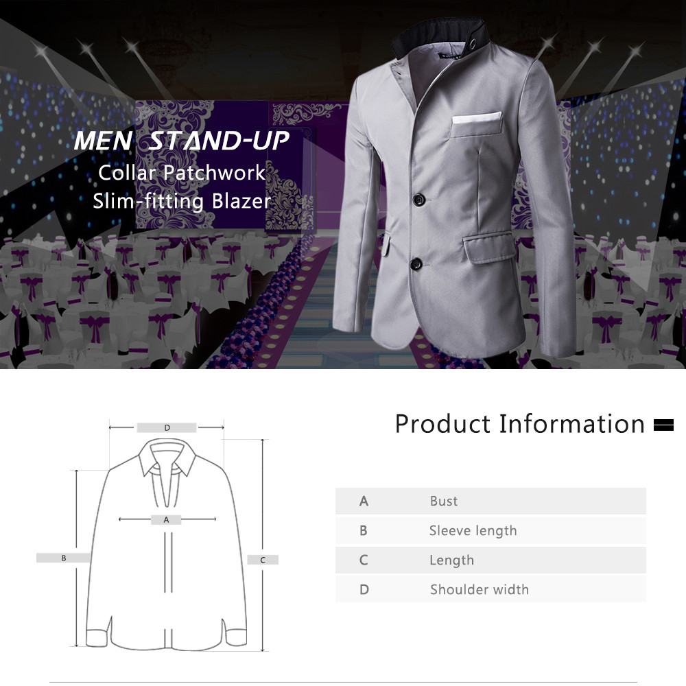 Stand-up Collar Men Patchwork Blazer Single Breasted Slim-fitting Suit Jacket