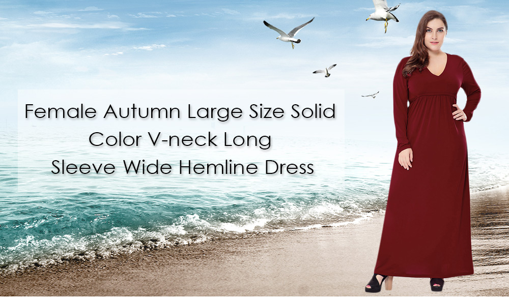 Female Autumn Large Size Solid Color V-neck Long Sleeve Wide Hemline Dress Female Autumn Large Size Solid Color V-neck Long Sleeve Wide Hemline Dress