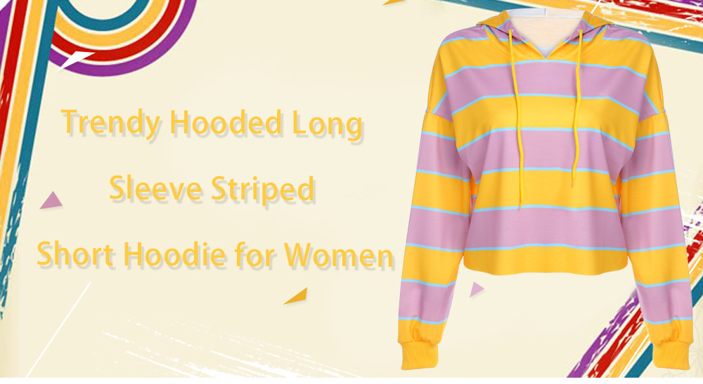 Trendy Hooded Long Sleeve Colorful Striped Women Short Hoodie