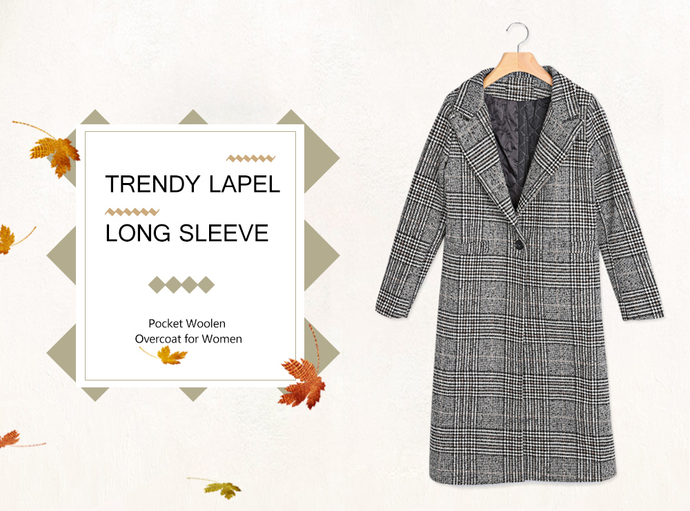 Trendy Lapel Long Sleeve Houndstooth Button Pocket Woolen Women Overcoat
