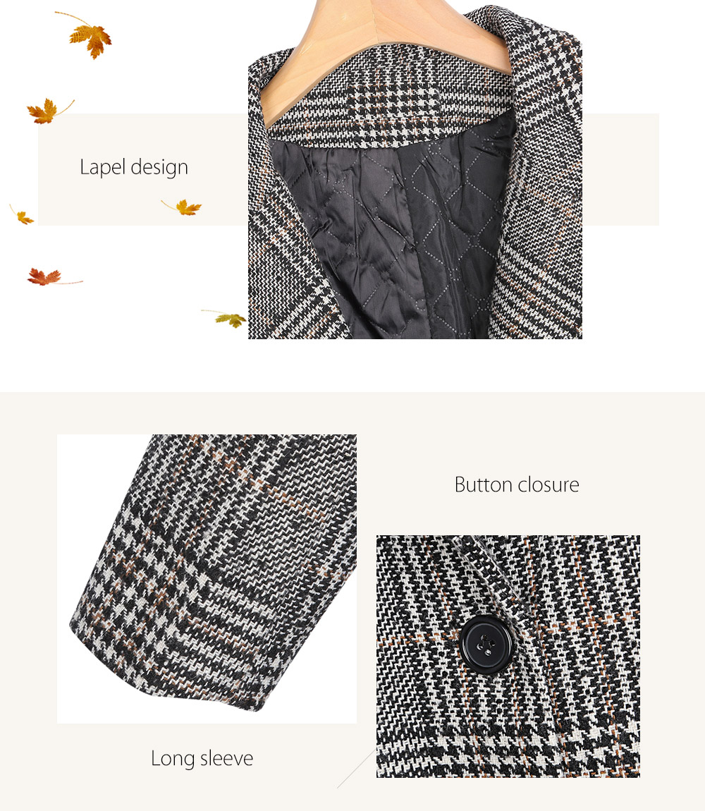 Trendy Lapel Long Sleeve Houndstooth Button Pocket Woolen Women Overcoat