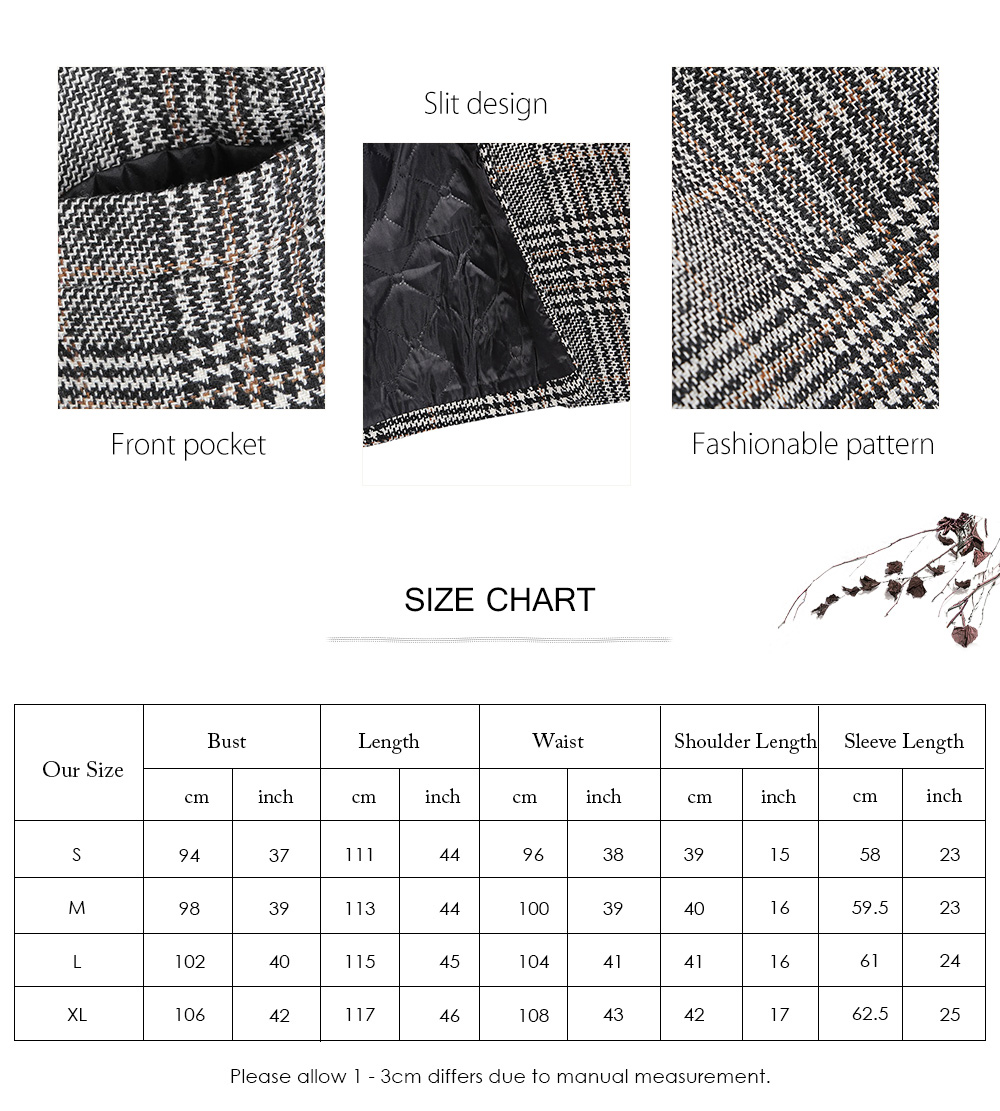 Trendy Lapel Long Sleeve Houndstooth Button Pocket Woolen Women Overcoat