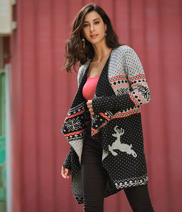 Christmas Reindeer Polka Dot Draped Tunic Cardigan