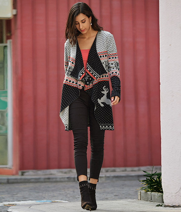 Christmas Reindeer Polka Dot Draped Tunic Cardigan