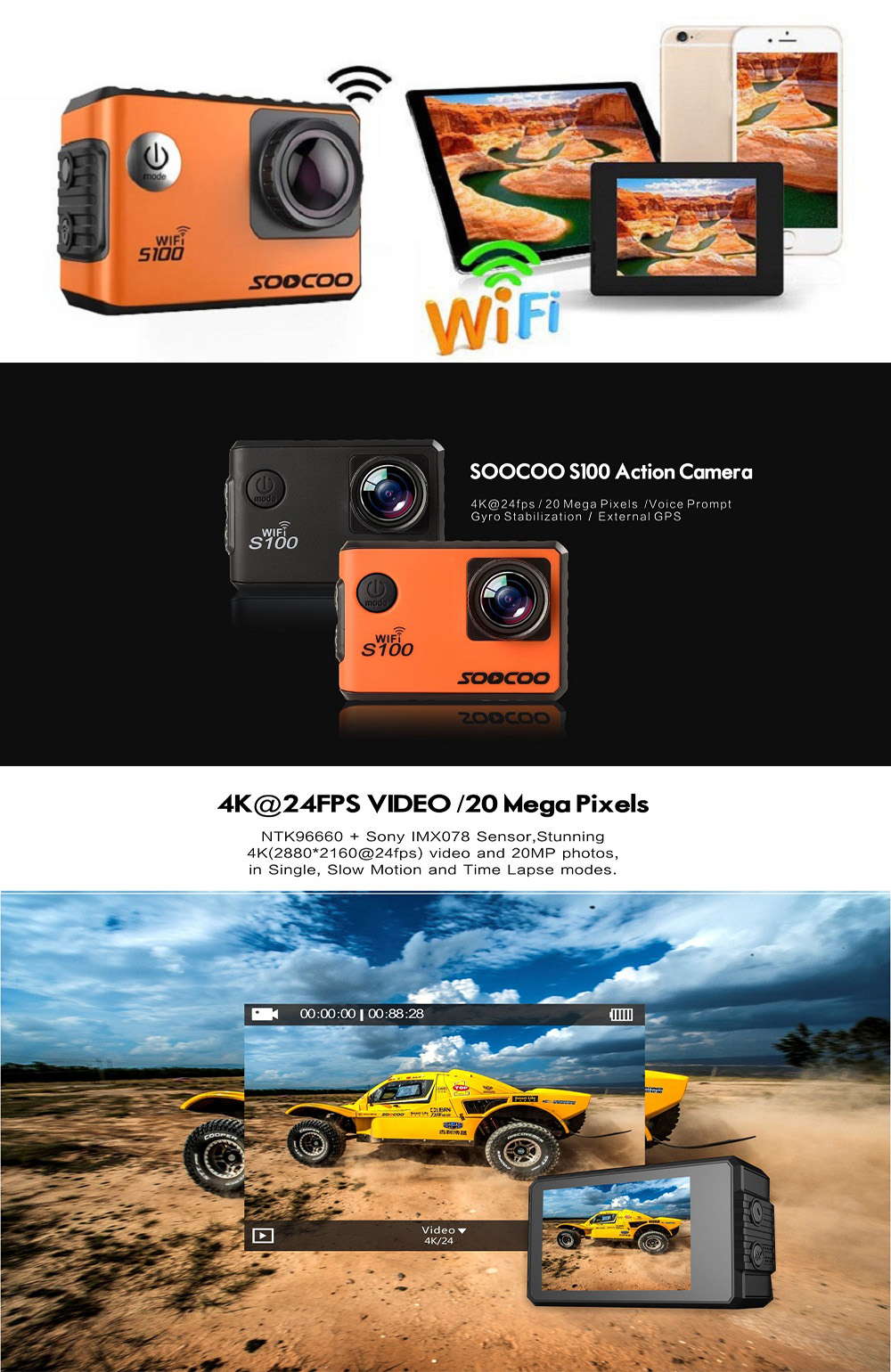 SOOCOO Brand S100 Sports Webcam Wifi 4K NTK96660 Band GPS Function Gyro Waterproof SOOCOO Brand S100 Sports Webcam Wifi 4K NTK96660 Band GPS Function Gyro Waterproof