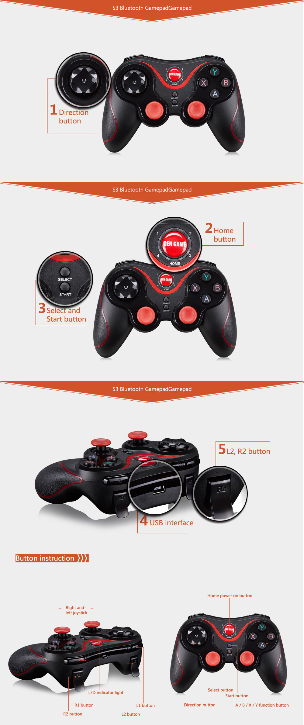 GEN GAME S3 Wireless Bluetooth 3.0 Gamepad Gaming Controller for PC Android Phone GEN GAME S3 Wireless Bluetooth 3.0 Gamepad Gaming Controller for PC Android Phone