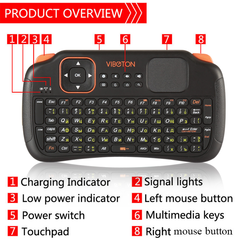 Viboton S1 English Russian 3-in-1 2.4GHz Wireless Keyboard + Air Mouse + Remote Control with Touchpad for Windows Linux Viboton S1 English Russian 3-in-1 2.4GHz Wireless Keyboard + Air Mouse + Remote Control with Touchpad for Windows Linux