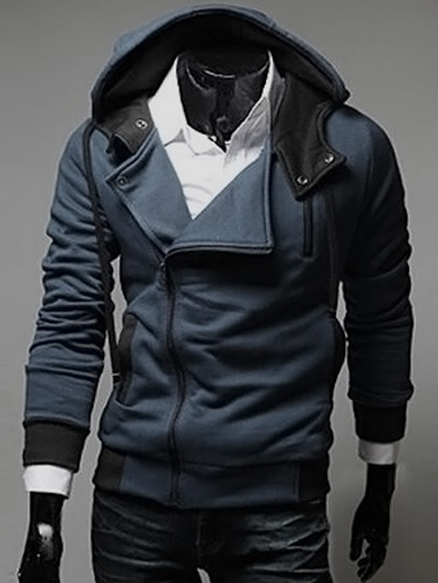 Street Style Side Zipper Studs Long Sleeves Men's  Polyester Hoodies