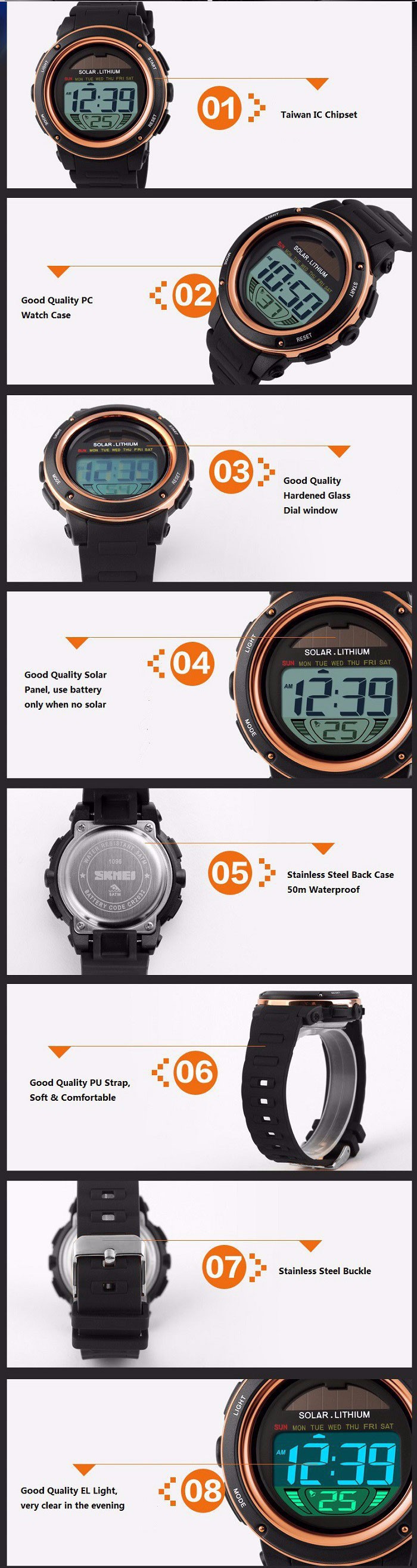 Skmei 1096 5ATM Water Resistant Solar Power LED Sports Watch with Backlight Alarm