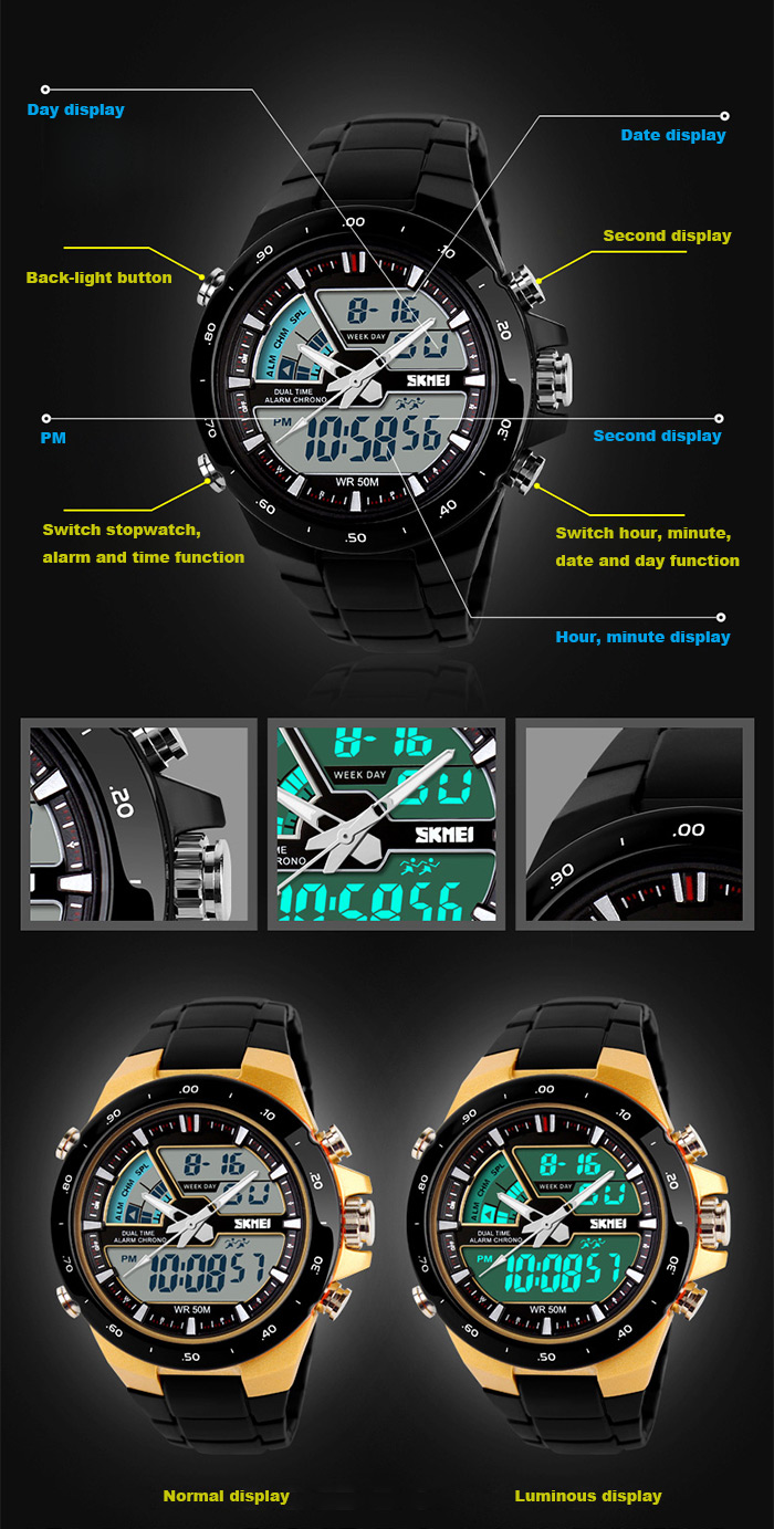 Skmei 1016 Water Resistance Sports LED Watch with Japan Double Movt Date Day Alarm Stopwatch Function Rubber Band Skmei 1016 Water Resistance Sports LED Watch with Japan Double Movt Date Day Alarm Stopwatch Function Rubber Band
