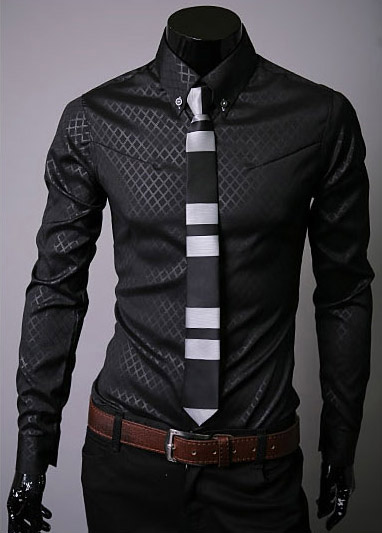 Fashion Lapel Hidden Plaid Solid Color Long Sleeve Cotton Men's Dress Shirt