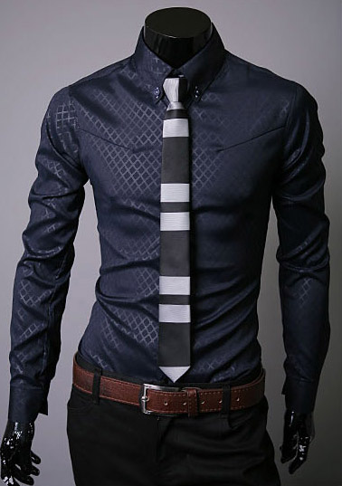 Fashion Lapel Hidden Plaid Solid Color Long Sleeve Cotton Men's Dress Shirt