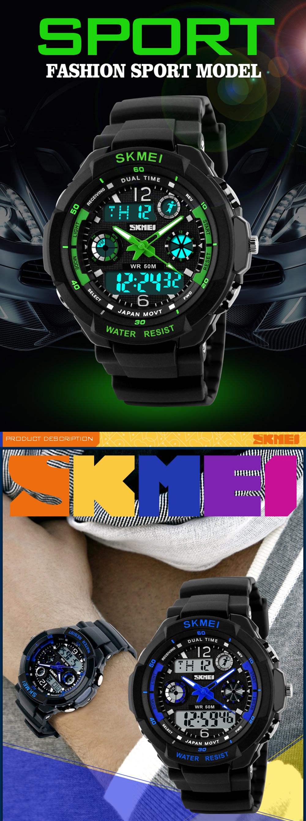Skmei 1060  Green LED Military Watch with 2 Time Zone Chronograph Double Movts and Round Dial