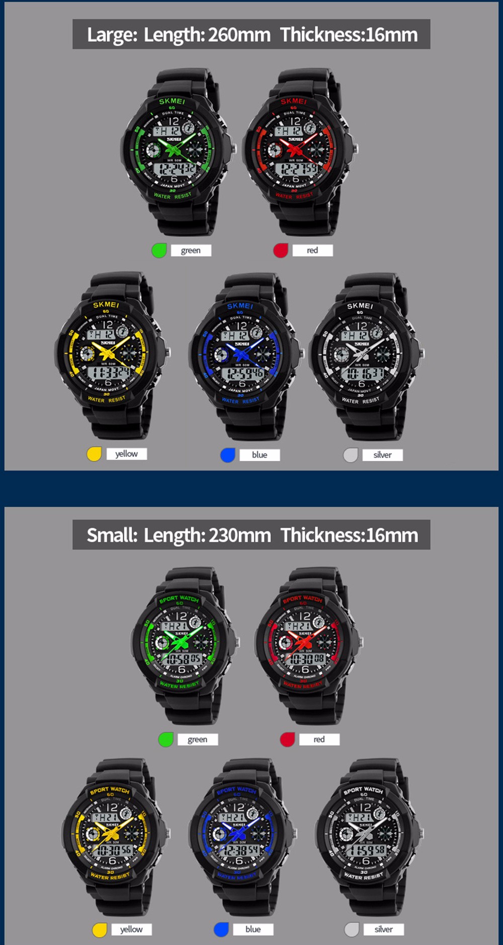 Skmei 1060  Green LED Military Watch with 2 Time Zone Chronograph Double Movts and Round Dial