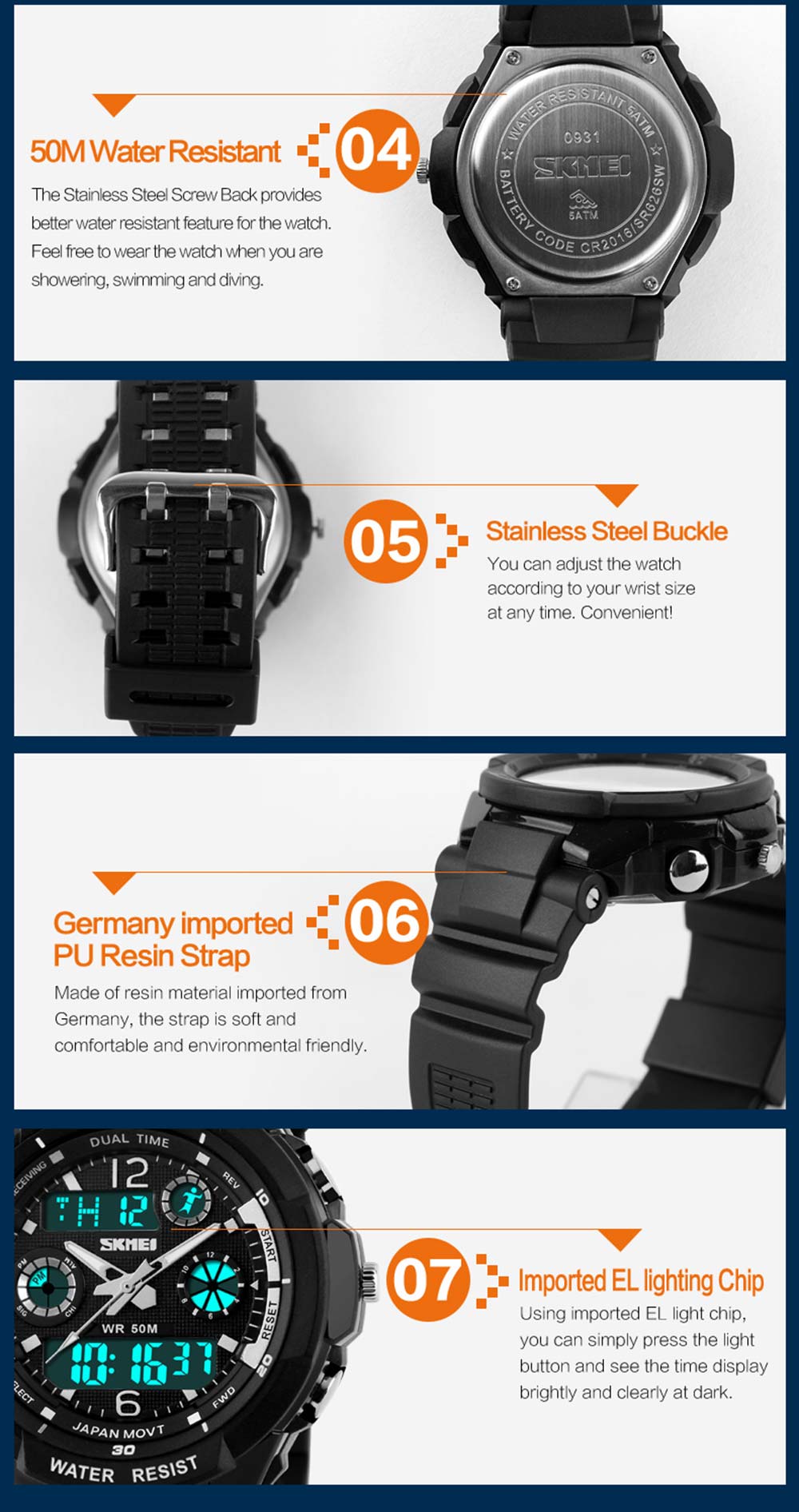 Skmei 1060  Green LED Military Watch with 2 Time Zone Chronograph Double Movts and Round Dial