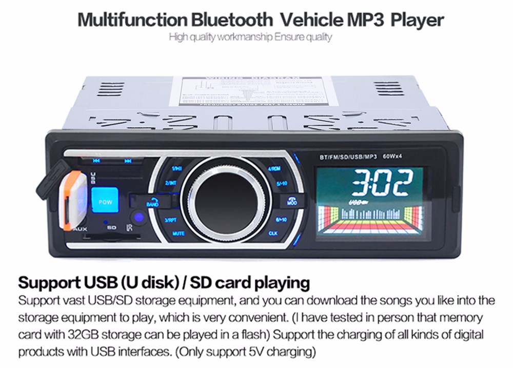 12V Car Stereo In-Dash FM Radio MP3 Audio Player Support Bluetooth 3.0 with USB SD AUX Port
