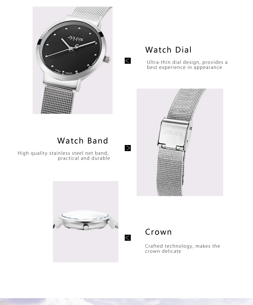 Julius JA - 426L Female Ultrathin Stainless Steel Mesh Band Quartz Wrist Watch Julius JA - 426L Female Ultrathin Stainless Steel Mesh Band Quartz Wrist Watch