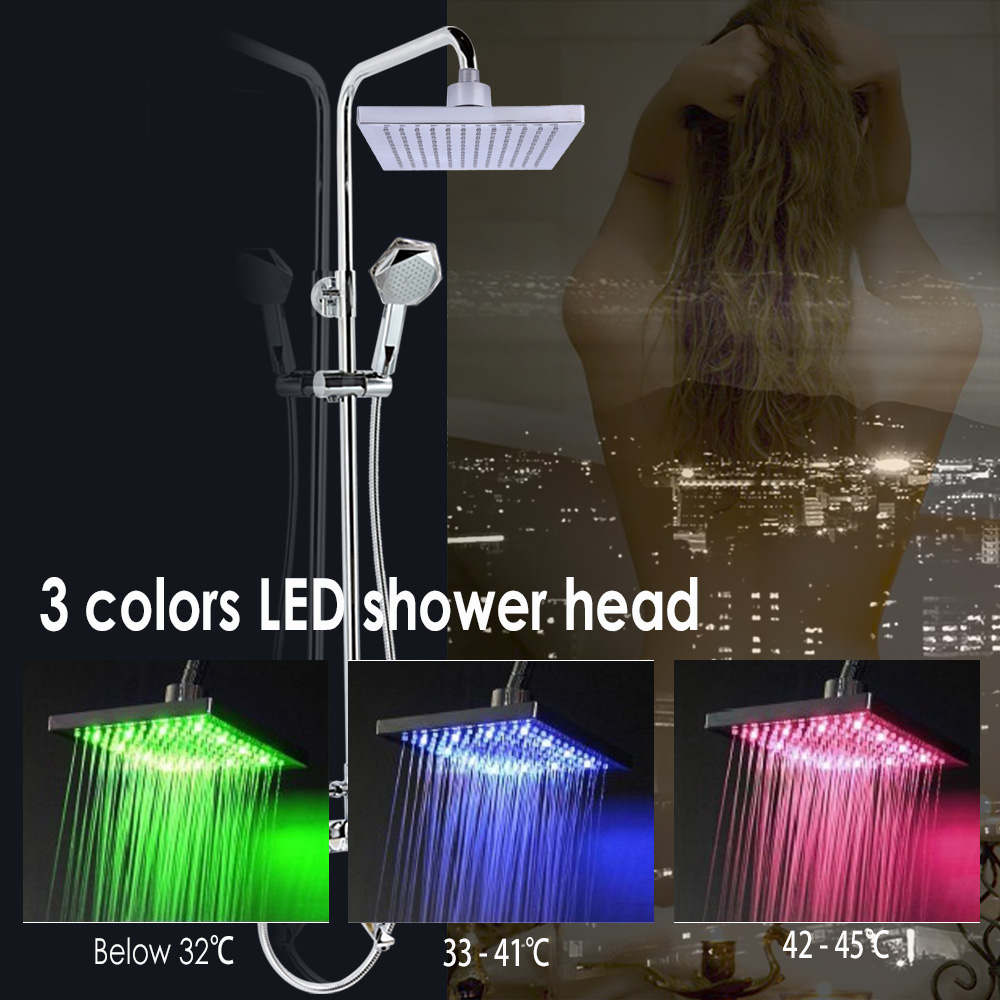 8-inch Square Temperature Sensitive Rainfall LED Shower Head Power from Water Flow 3 Color Change