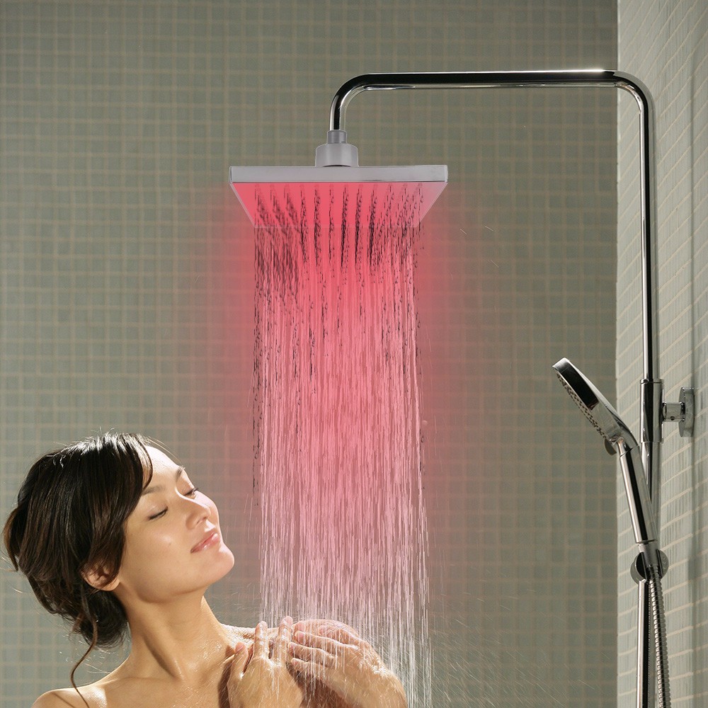 8-inch Square Temperature Sensitive Rainfall LED Shower Head Power from Water Flow 3 Color Change