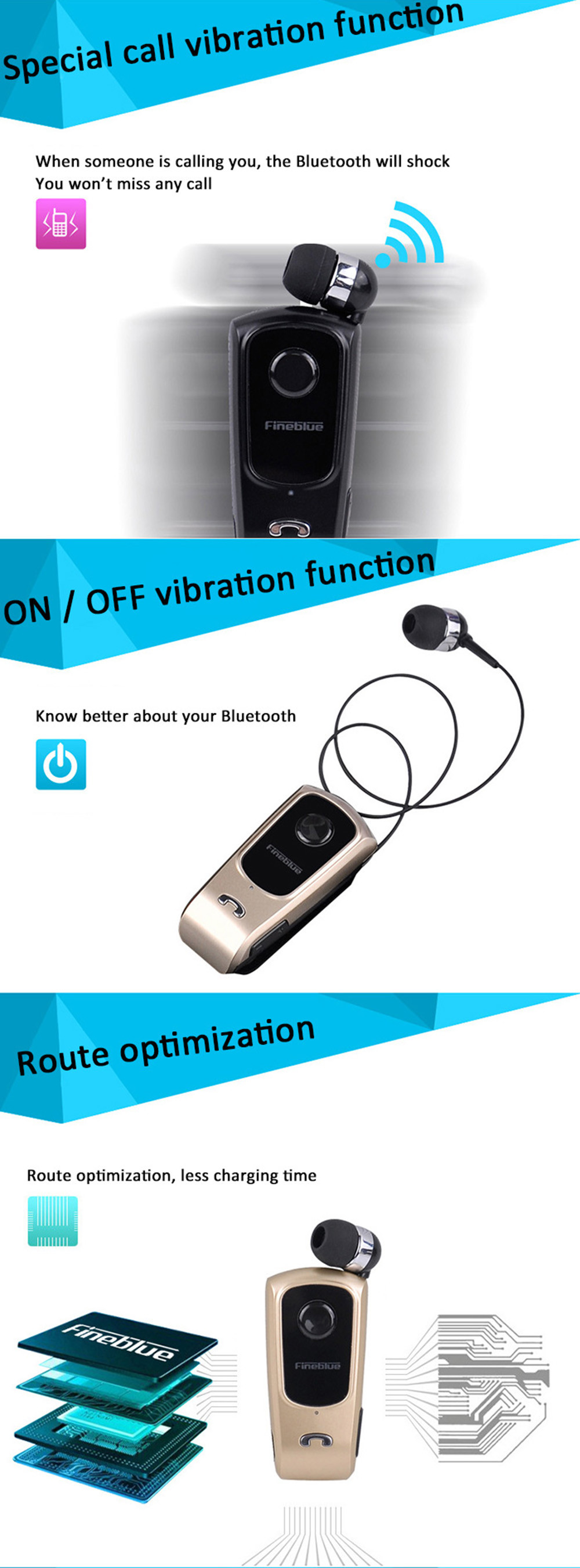 FINEBLUE F920 Wireless Bluetooth V4.0 Headphone Calls Vibration Remind Wear Clip Headset
