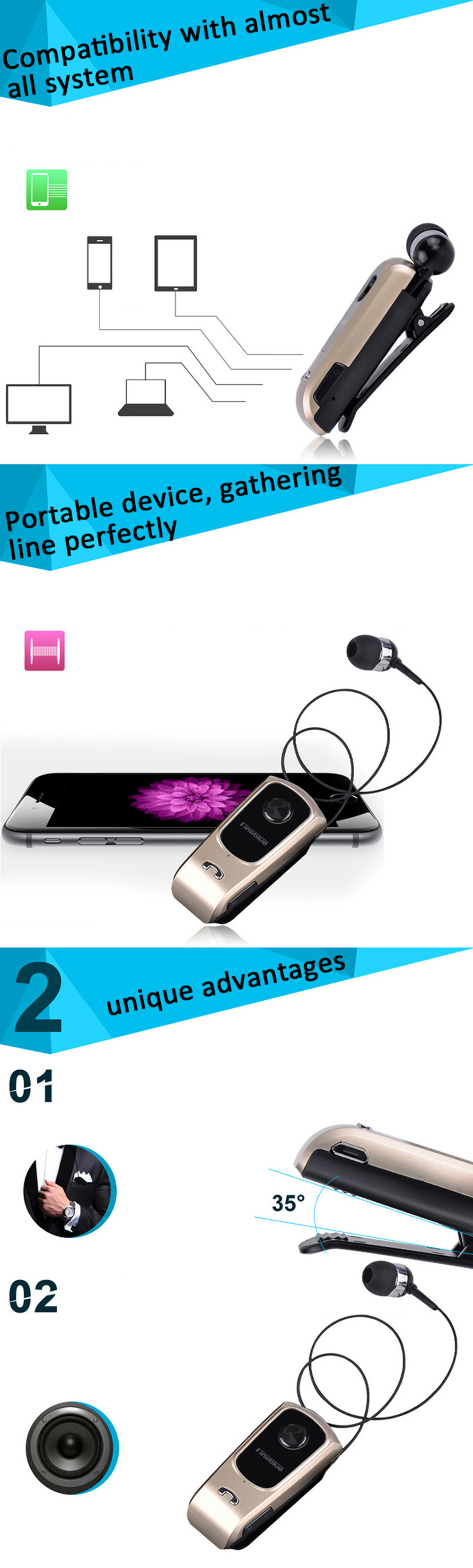 FINEBLUE F920 Wireless Bluetooth V4.0 Headphone Calls Vibration Remind Wear Clip Headset