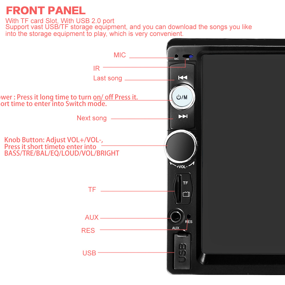 7010B 7 inch Bluetooth V2.0 TFT Screen Car Audio Stereo MP5 Player 12V Auto Video Support AUX FM USB SD MMC Remote Control
