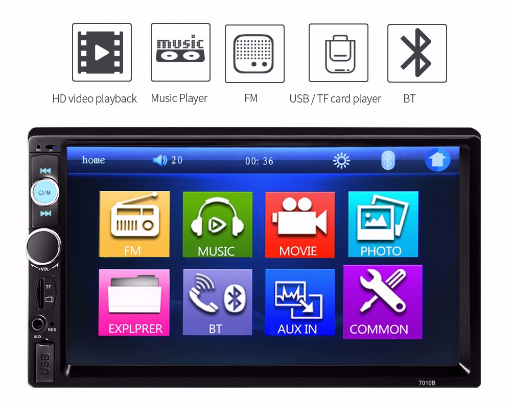 7010B 7 inch Bluetooth V2.0 TFT Screen Car Audio Stereo MP5 Player 12V Auto Video Support AUX FM USB SD MMC Remote Control