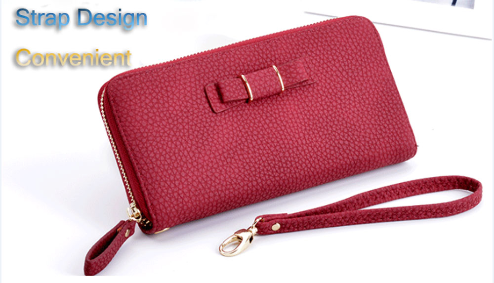 Lady Bowknot Embellishment Lichee Pattern Horizontal Zipper Wallet