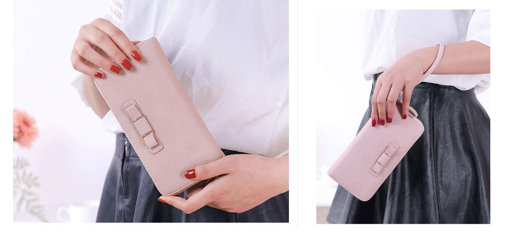 Lady Bowknot Embellishment Lichee Pattern Horizontal Zipper Wallet