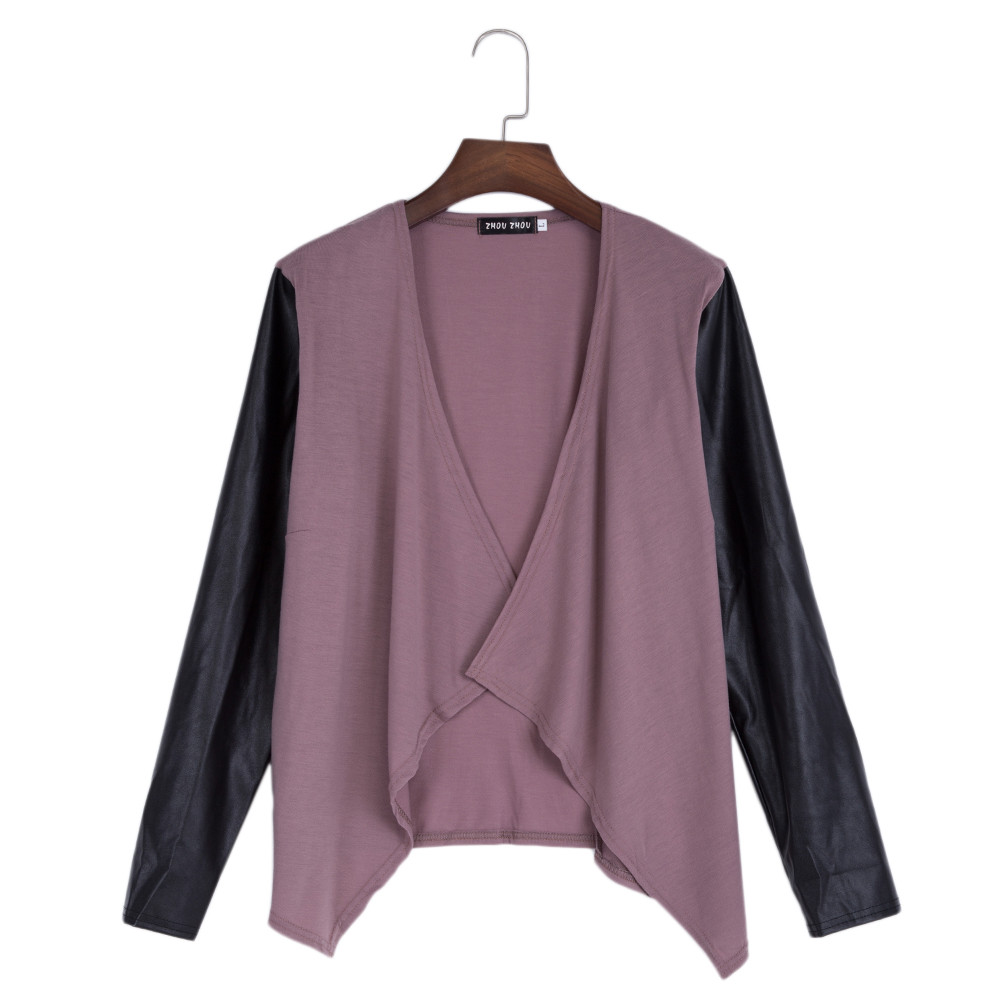 Simple Collarless Long Sleeve Spliced Knitted Asymmetrical Cardigan