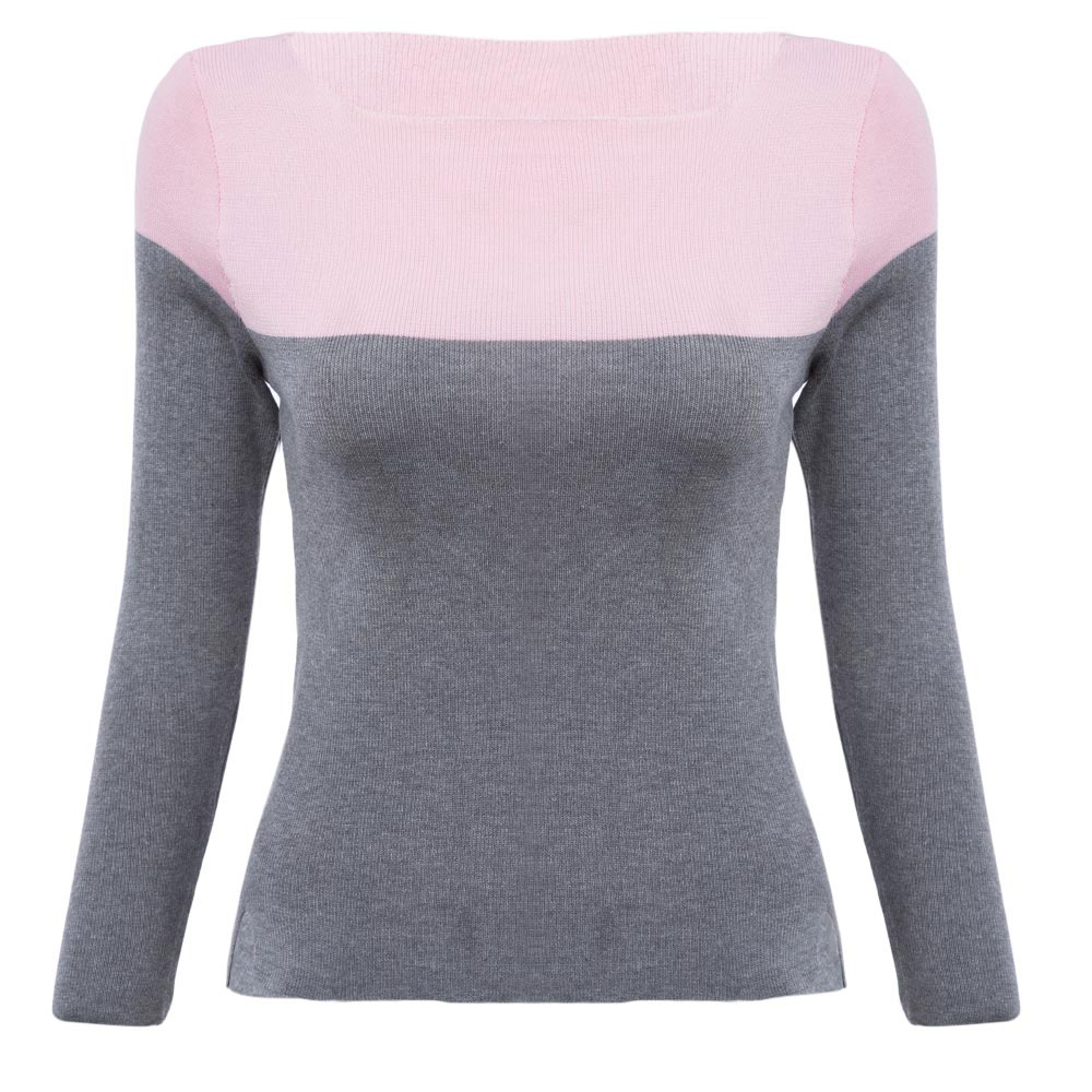 Brief Round Collar Color Block Knitted Women Pullover