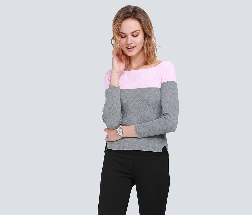 Brief Round Collar Color Block Knitted Women Pullover