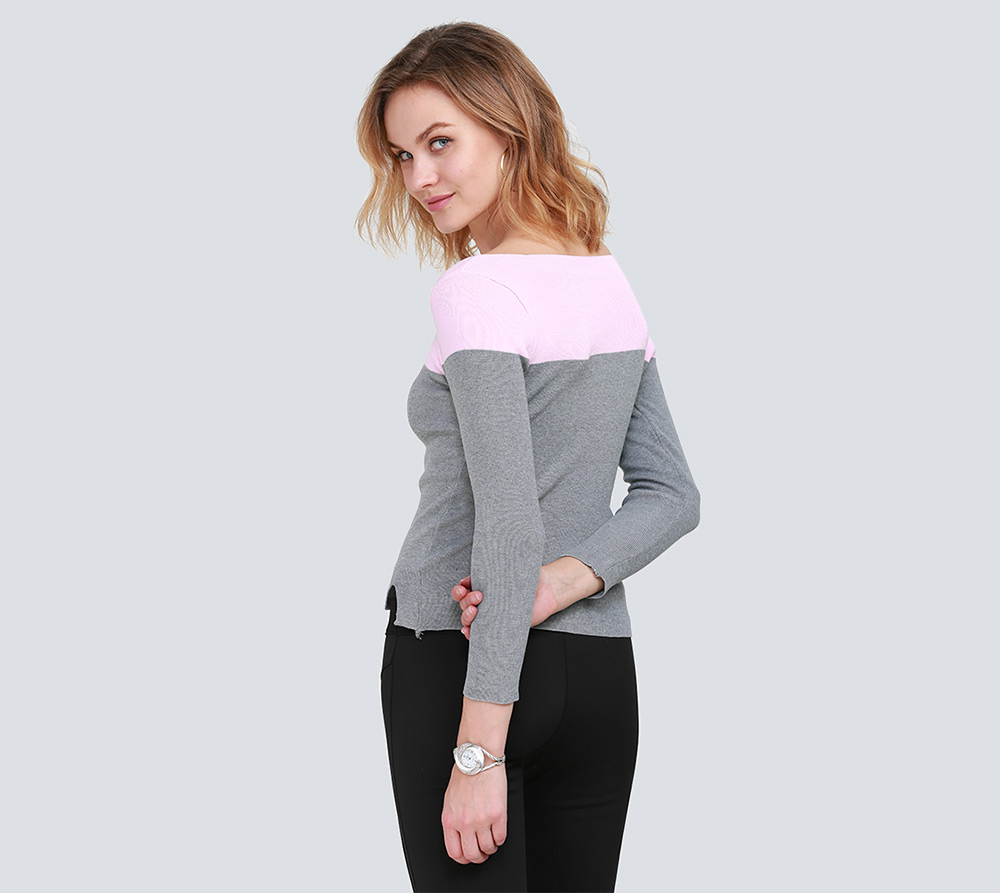 Brief Round Collar Color Block Knitted Women Pullover