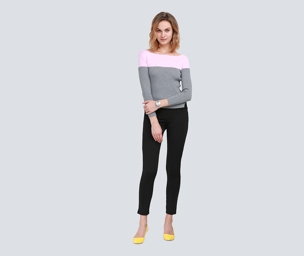 Brief Round Collar Color Block Knitted Women Pullover