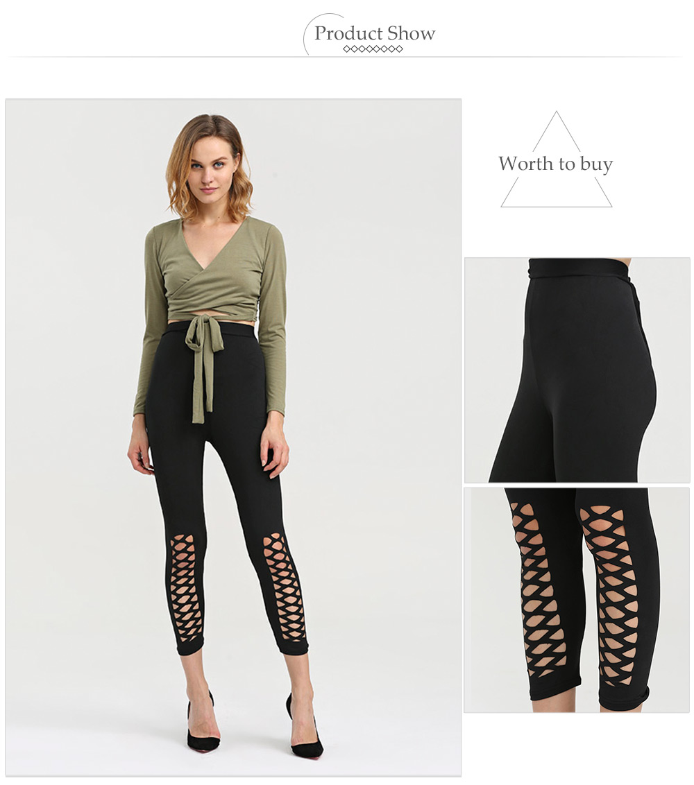 Casual High Elastic Hollow Cross Design Sports Women Pants