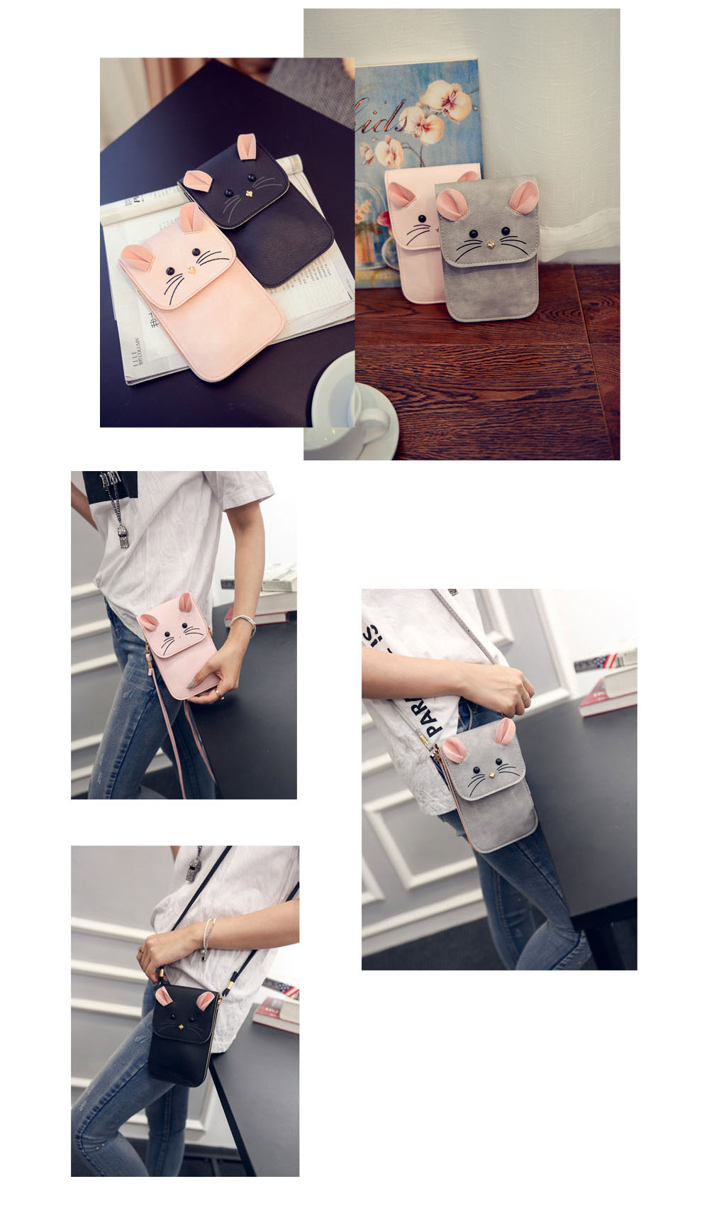Cute Mouse Shoulder Bag PU Leather Vertical Type Mini Phone Pocket for Lady Cute Mouse Shoulder Bag PU Leather Vertical Type Mini Phone Pocket for Lady