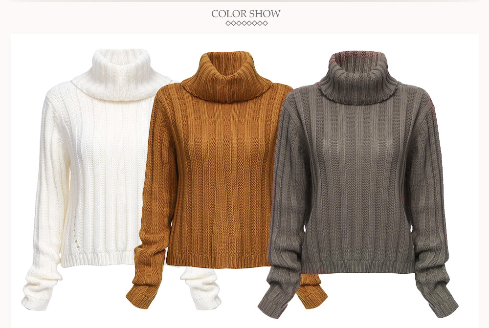 Fashionable Turtleneck Long Sleeve Knitted Pure Color Women Sweater