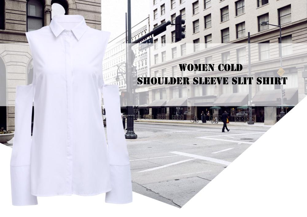 Trendy Long Sleeve Cold Shoulder Slit Button Shirt for Women
