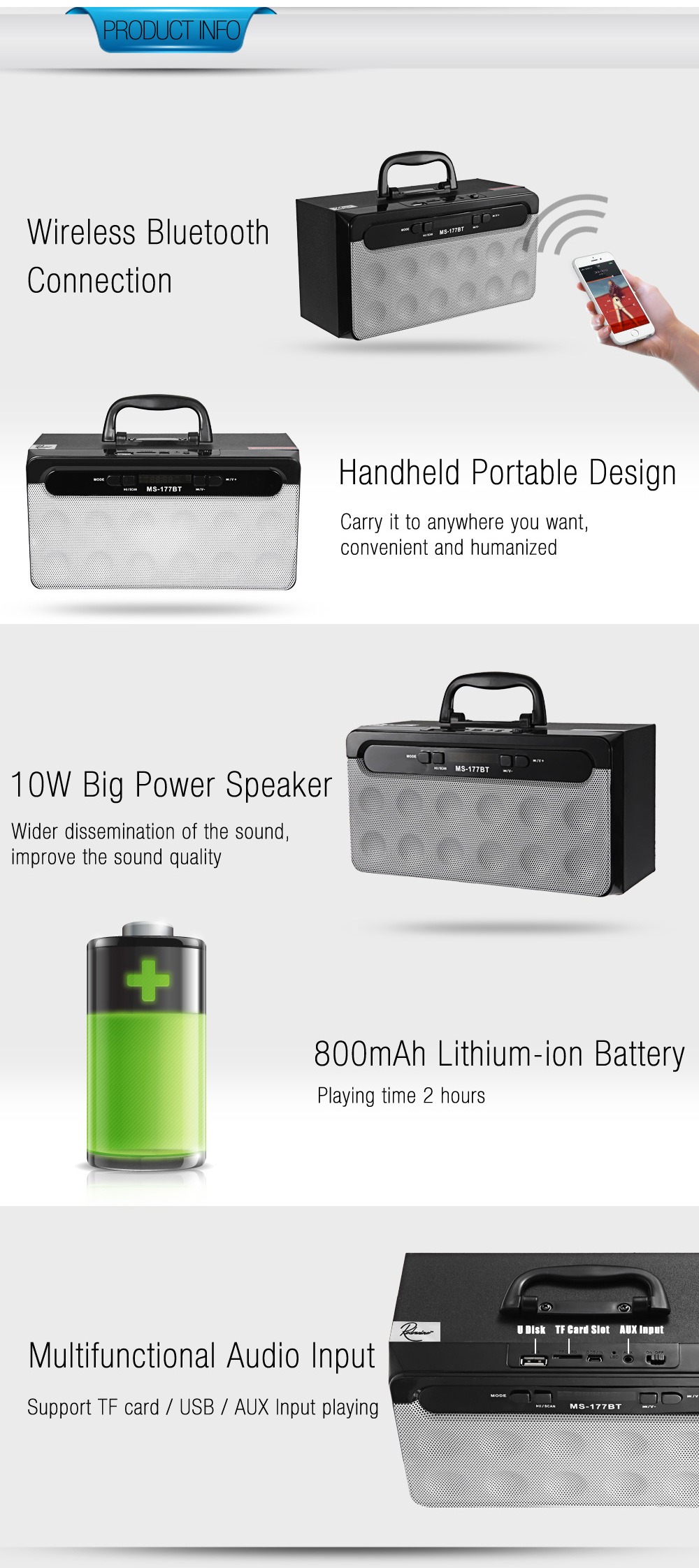 Redmaine MS - 177BT Portable High Power Output Multimedia FM Radio Wireless Bluetooth Speaker Redmaine MS - 177BT Portable High Power Output Multimedia FM Radio Wireless Bluetooth Speaker