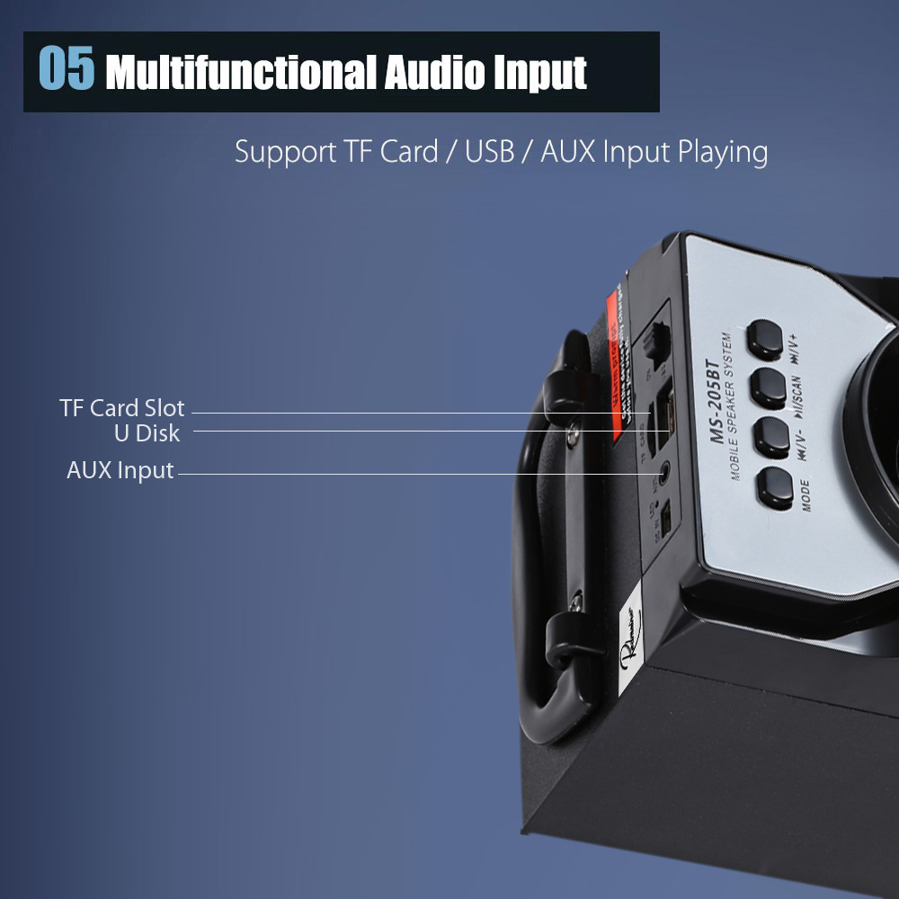 Redmaine MS -205BT Portable High Power Output Multimedia FM Radio Wireless Bluetooth Speaker Redmaine MS -205BT Portable High Power Output Multimedia FM Radio Wireless Bluetooth Speaker