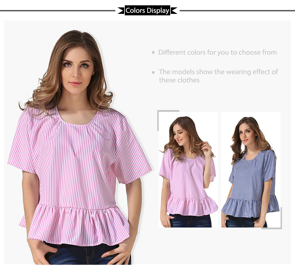 Stylish Round Collar Short Sleeve Tie Ruffled Blouse for Women