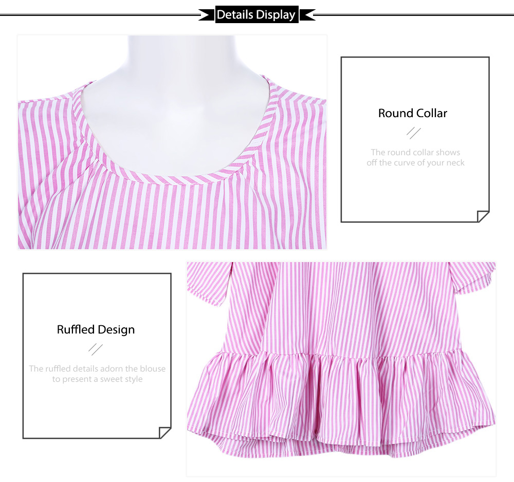Stylish Round Collar Short Sleeve Tie Ruffled Blouse for Women
