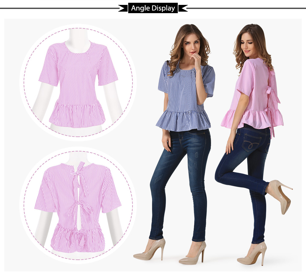 Stylish Round Collar Short Sleeve Tie Ruffled Blouse for Women