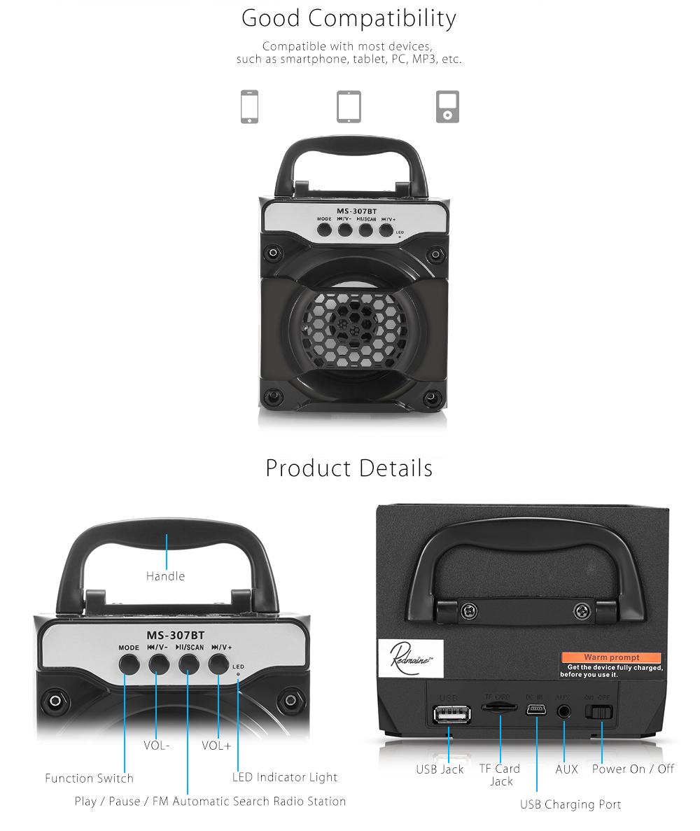 Redmaine MS - 307BT Portable Bluetooth Speaker with LED Lights 3 inch Driver Unit Redmaine MS - 307BT Portable Bluetooth Speaker with LED Lights 3 inch Driver Unit