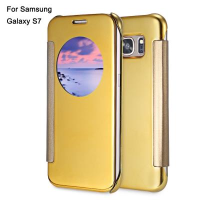 LUXURY MIRROR FLIP COVER HARD PC CASE WITH AUTO SLEEP WAKE UP FUNCTION FOR SAMSUNG GALAXY S7 (GOLDEN) -